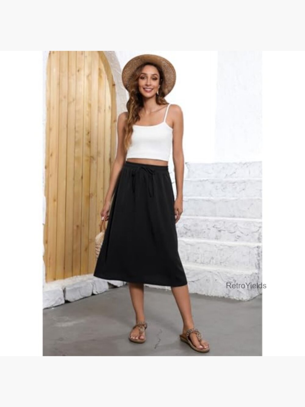 Flowy A-Line Midi Skirt with Pockets High Waisted Boho - Picture 3 of 7